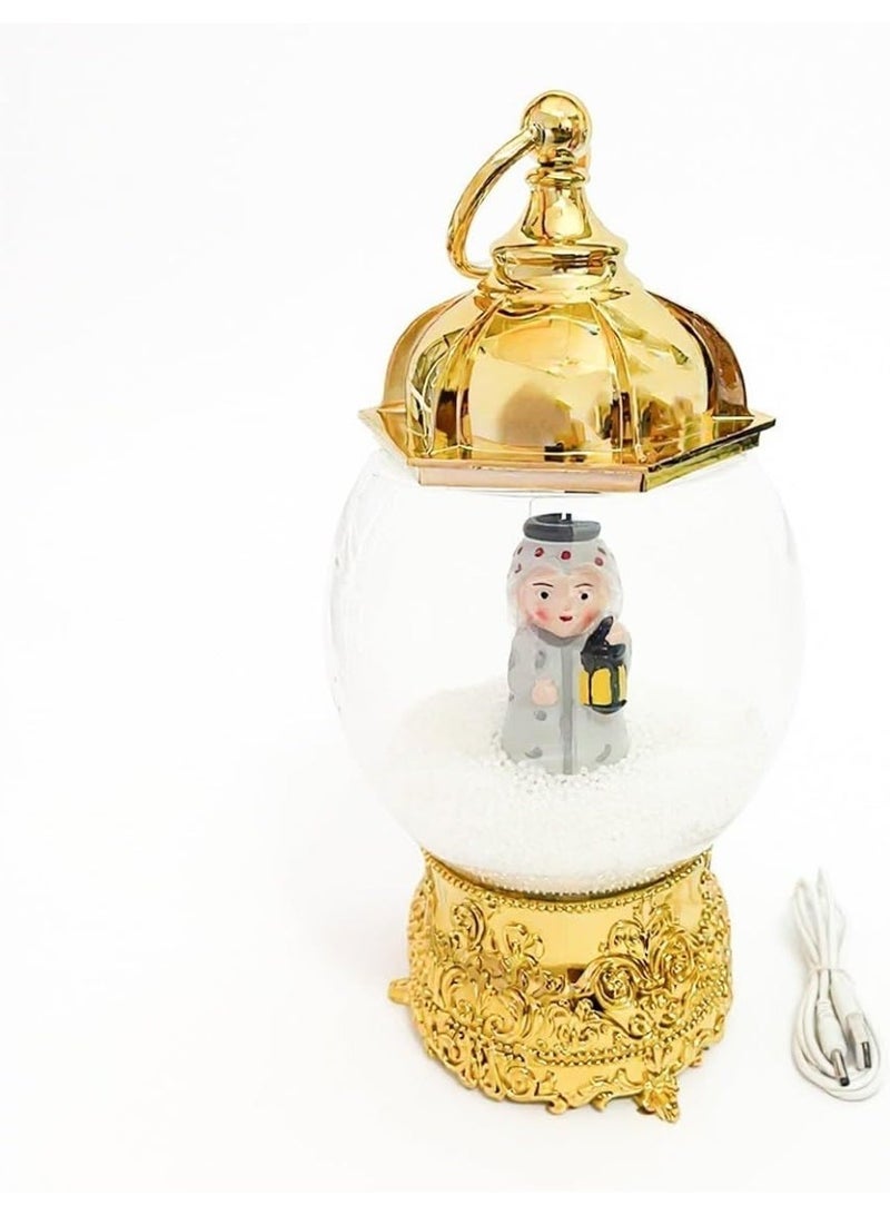 Musical Snow Globe with Figurine Light, Gold, 35cm Height, Arabic Music, USB and Battery Powered, Home And Ramadan Decor, Eid Design (Arabic Lady with Lamp) - Image 2